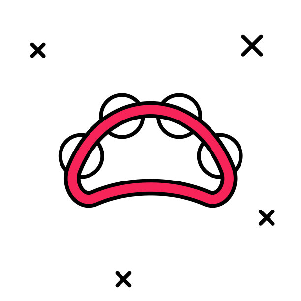 填充轮廓乐器打击铃鼓，与金属板图标孤立在白色背景上。向量图片下载