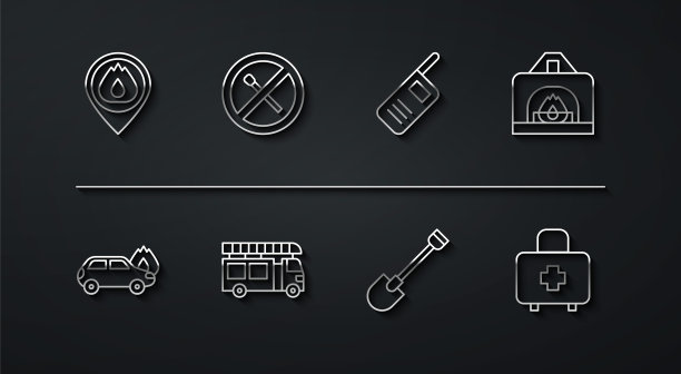 设置线路位置与火焰，燃烧的汽车，内部壁炉，消防铲，卡车，无火柴，急救箱和对讲机图标。向量图片下载