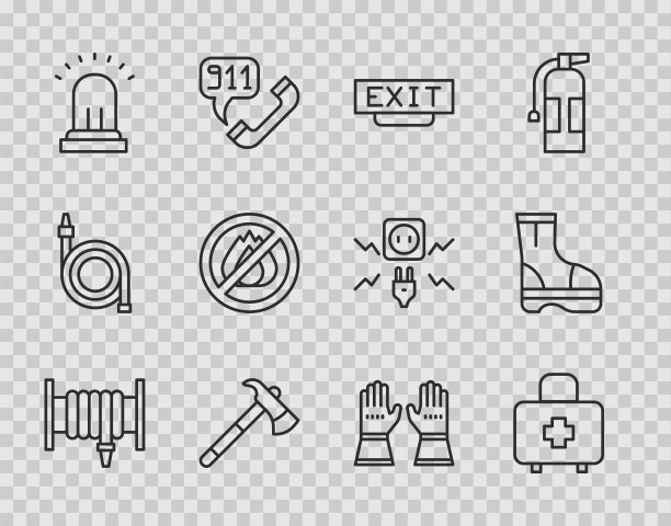 消防软管卷轴、急救箱、出口、消防斧、响警铃、无火、手套和靴子图标。向量图片下载