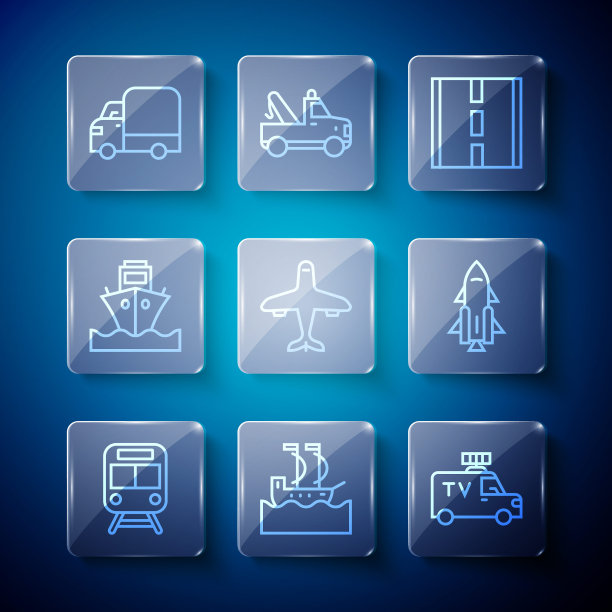 设置线火车和铁路，帆船，电视新闻车，道路，飞机，货船，货运卡车和火箭与火的图标。向量图片下载