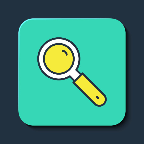 填充轮廓放大镜图标孤立在蓝色背景上。搜索，聚焦，缩放，商业符号。绿松石平方按钮。向量图片下载