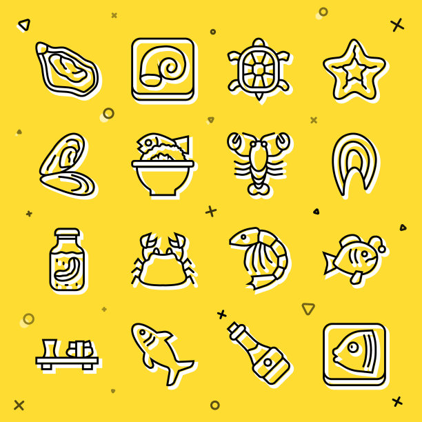 设置线鱼头，热带鱼，牛排，海龟，盛在碗，贻贝，和龙虾图标。向量图片下载