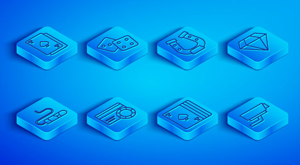 设置一行纸牌与黑桃，游戏骰子，马蹄铁，信用，扑克牌，钻石，雪茄和安全摄像头图标。向量图片下载