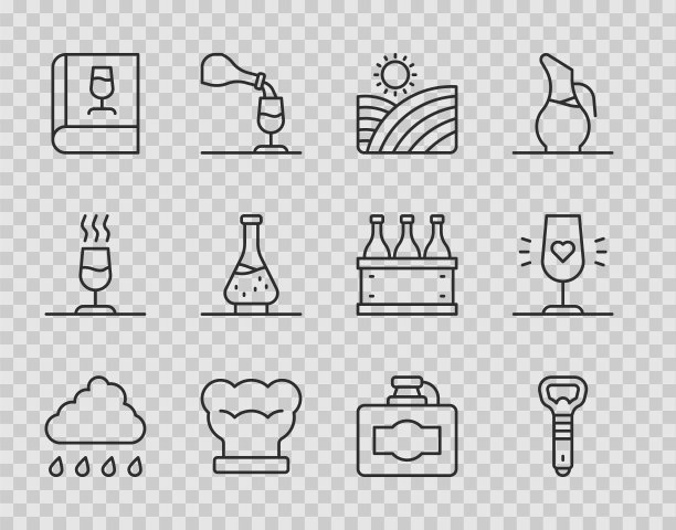 集线云与雨，开瓶器，葡萄园葡萄酒葡萄，厨师帽，书约，滗水器，纸盒和葡萄酒玻璃图标。向量图片下载