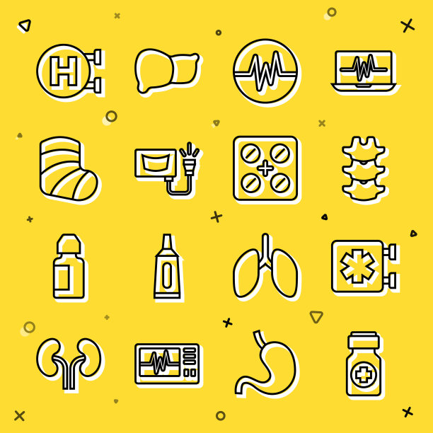 设置线药瓶和药丸，紧急医疗符号，人体脊柱，心率，超声波，石膏，医院招牌和药丸吸塑包装图标。向量图片下载