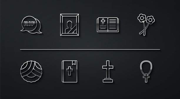 设定线演讲泡撕死，纪念花圈，花，十字架坟墓，圣经书，哀悼相框，基督教链和图标。向量图片下载