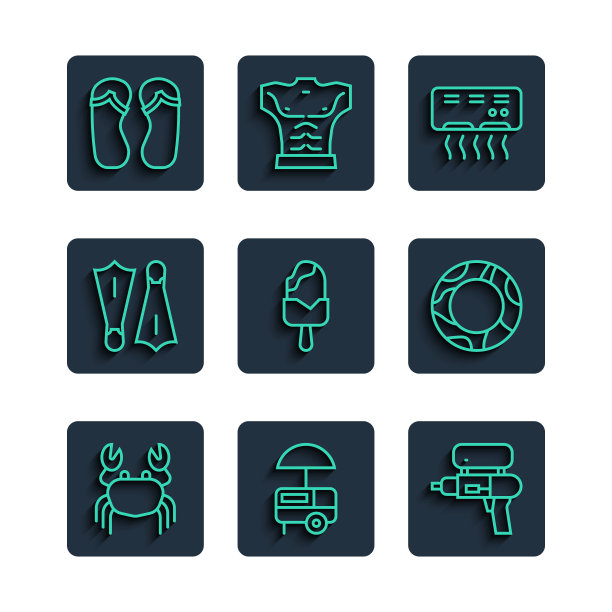 设置线蟹，街头快餐车，水枪，空调，冰淇淋，游泳橡胶鞋，人字拖和戒指图标。向量图片下载