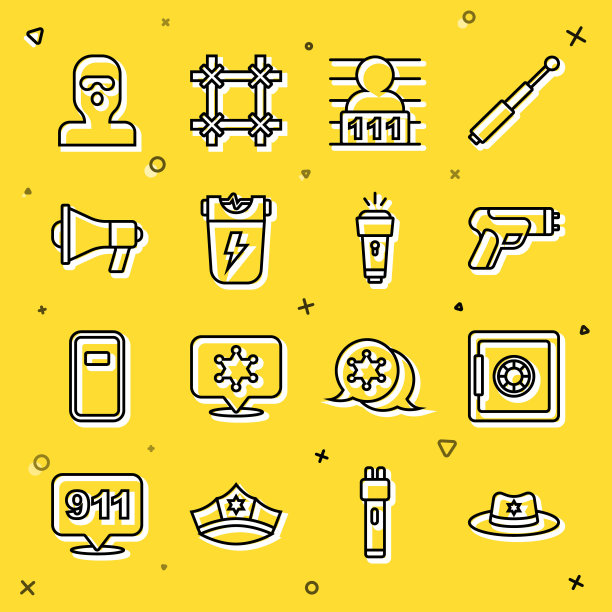 设置线警长帽子徽章，安全，警察电击器，犯罪嫌疑人，扩音器，小偷面具和手电筒图标。向量图片下载