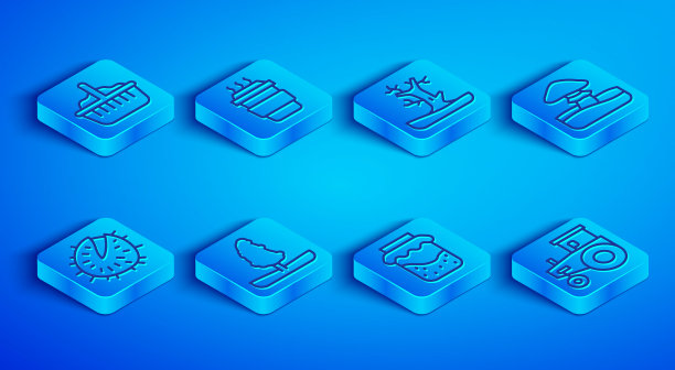 设置线篮子，咖啡杯去，裸树，树，果酱罐，蘑菇，栗子和拖拉机图标。向量图片下载