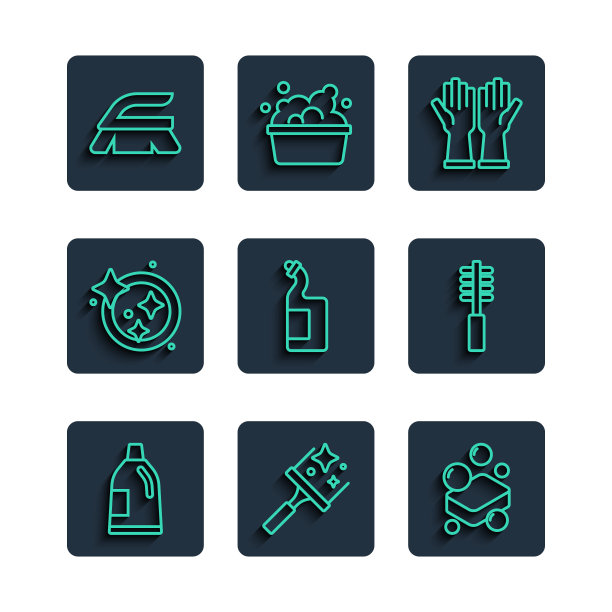 设置清洗剂瓶，橡胶清洗剂窗，肥皂条，手套，洗碗液瓶，洗碗，刷子和马桶刷图标。向量图片下载