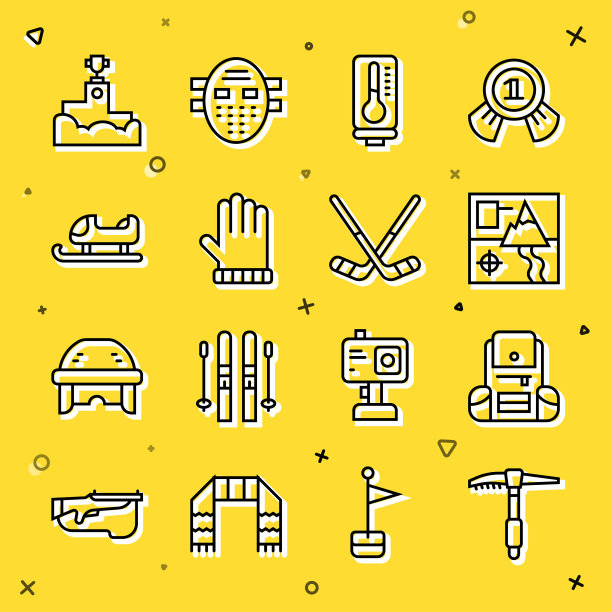 设置线冰斧，徒步旅行的背包，折叠的地图，气象温度计，圣诞节手套，雪橇，获奖领奖台和曲棍球棒图标。向量图片下载