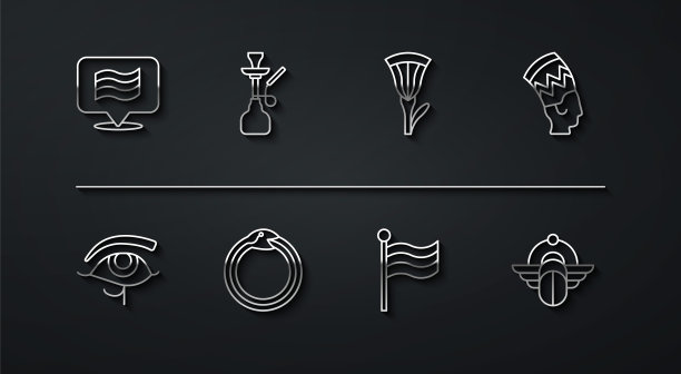 Set line Flag Of Egypt, Eye Of Horus, Nefertiti，魔法符号衔尾蛇，水烟，埃及圣甲虫和莲花图标。向量图片下载