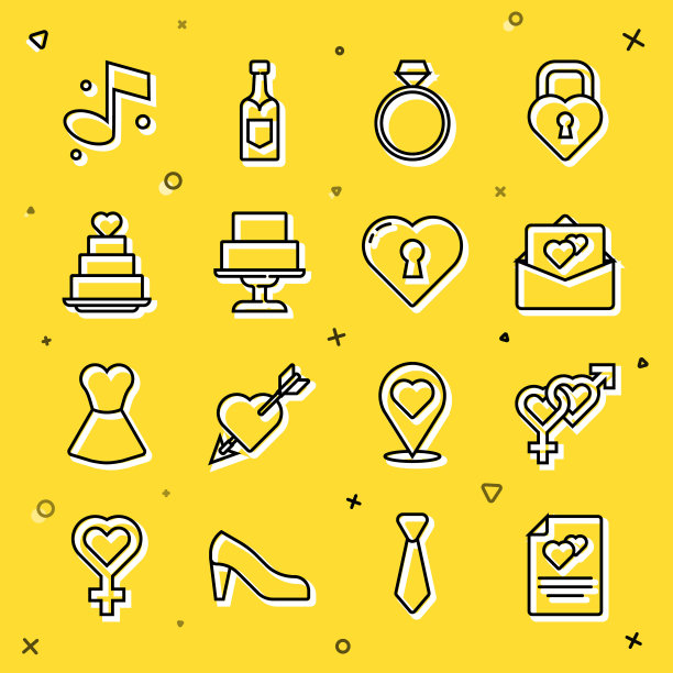 设置线贺卡，性别，钻石订婚戒指，婚礼蛋糕，与心，音乐笔记和心钥匙孔图标。向量图片下载