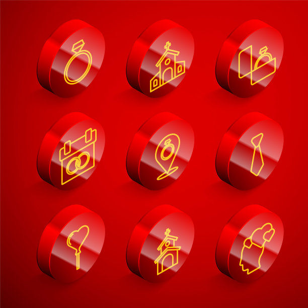 集线钻石订婚戒指，教堂建筑，日历，结婚戒指，领带，气球形式的心和图标。向量图片下载