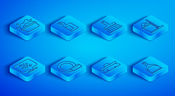 设置有肥皂泡沫的洗脸盆，洗碗液瓶，把帚，洗碗，刷清洁，拖把桶，家庭服务和畚箕图标。向量图片下载