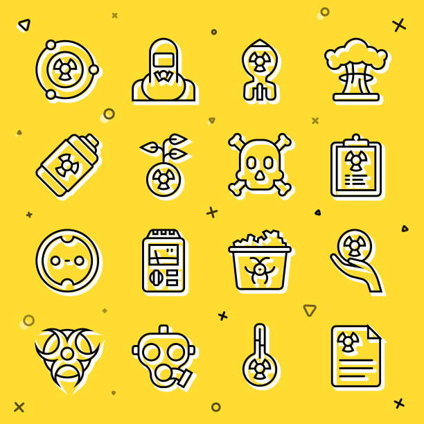 设置一行“辐射警告文档”、“放射性”、“核弹”、“能源电池”、“骷髅”图标。向量图片下载