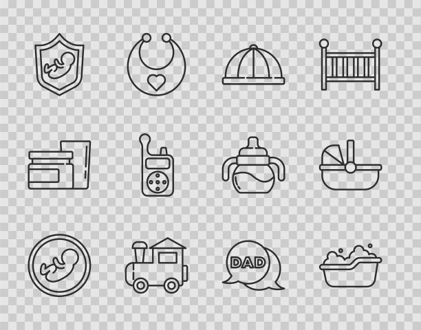 设置线婴儿，浴缸，帽子，玩具火车，盾牌上，监控对讲机，讲话泡泡爸爸和婴儿车图标。向量图片下载