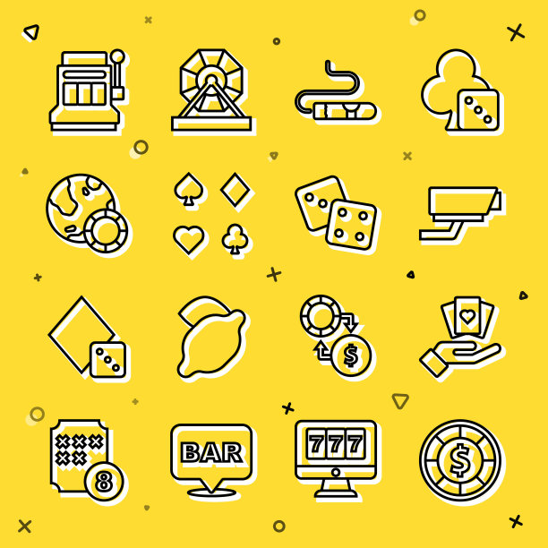 设置行赌场筹码，手持扑克牌，安全摄像头，雪茄，甲板，老虎机和游戏骰子图标。向量图片下载