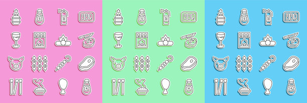 设置线胡椒，牛排肉，和刀，灭火器，火柴盒火柴，酒杯，野营煤气炉和篝火图标。向量图片下载