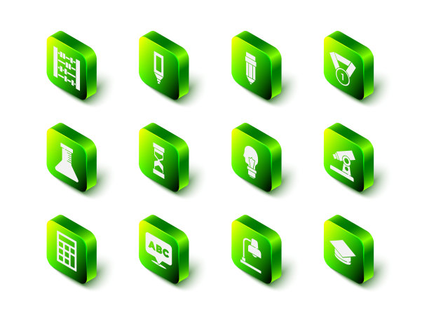 设置马克笔，铅笔与橡皮擦，奖章，显微镜，毕业帽，灯泡概念的想法，台灯和字母图标。向量图片下载