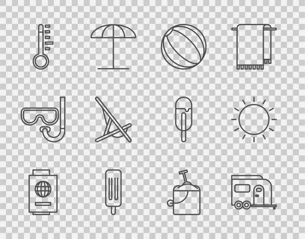 设置行护照与票，房车露营拖车，沙滩球，冰淇淋，气象温度计，太阳床，沙桶铲和图标。向量图片下载