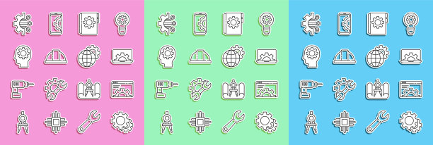 设置线齿轮，浏览器设置，笔记本电脑和齿轮，用户手册，工人安全帽，人的头部与内部，算法和地球的图标。向量图片下载