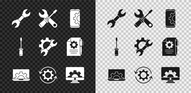 设置扳手扳手，螺丝刀和扳手，设置在智能手机，笔记本电脑的齿轮，齿轮箭头为工作流，计算机显示器和图标。向量图片下载