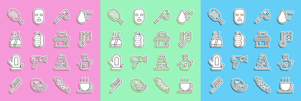 设置线杯茶，茶壶与叶，桑拿温度计，木斧，毛巾，香气散布器，刷子和图标。向量图片下载