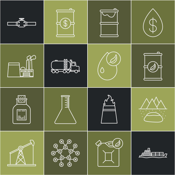 集油船、油田、生物燃料桶、油桶漏油、油罐车、工业厂房、工业管道和阀门及图标。向量图片下载