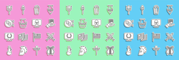 设置线古代竖琴，交叉中世纪剑，柱，陀螺皮塔希腊，双耳，喜剧和悲剧面具，海王星三叉戟和头盔图标。向量图片下载