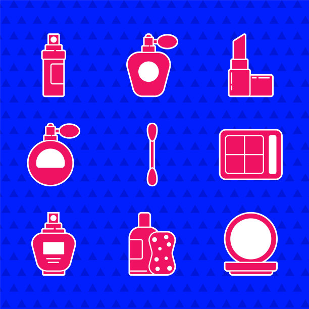 设置耳朵棉签，洗发水和海绵，化妆粉与镜子，眼影调色板，香水，口红和图标。向量图片下载