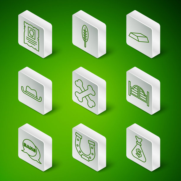 集线钱袋，马蹄铁，通缉西部海报，交叉人骨，西部牛仔帽，印度羽毛，Bang boom，枪漫画和酒吧门图标。向量图片下载