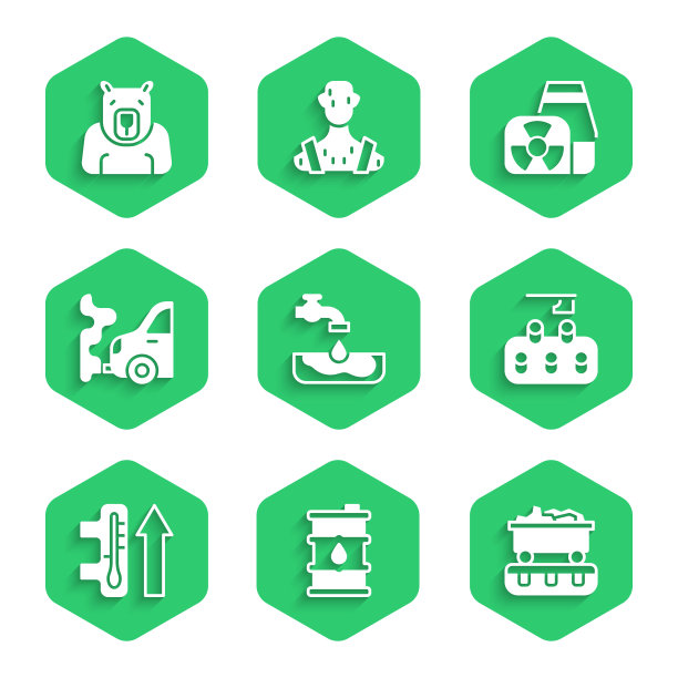 集水问题，桶油，煤炭火车，森林砍伐，全球变暖，汽车尾气，核电站和北极熊头图标。向量图片下载