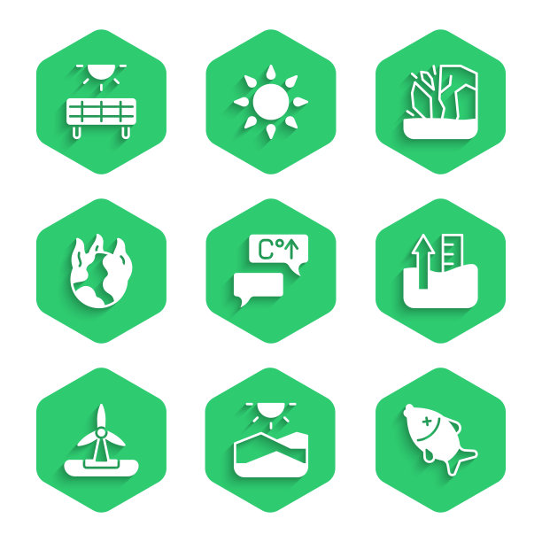 设置全球变暖，干旱，死鱼，水位上升，风力涡轮机，火灾，冰川融化和太阳能面板图标。向量图片下载