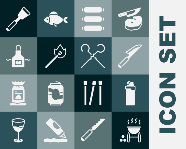 设置烧烤烤架，打火机，刀，香肠，燃烧火柴与火，厨房围裙，抹刀和烧烤串图标。向量图片下载