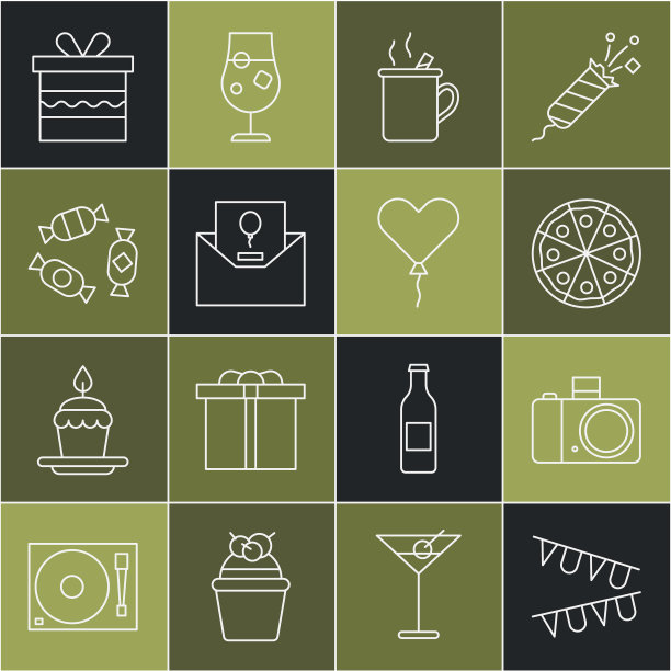 设置线狂欢节花环与旗帜，照片相机，披萨，热葡萄酒，邀请，糖果，礼盒和气球形式的心脏图标。向量图片下载