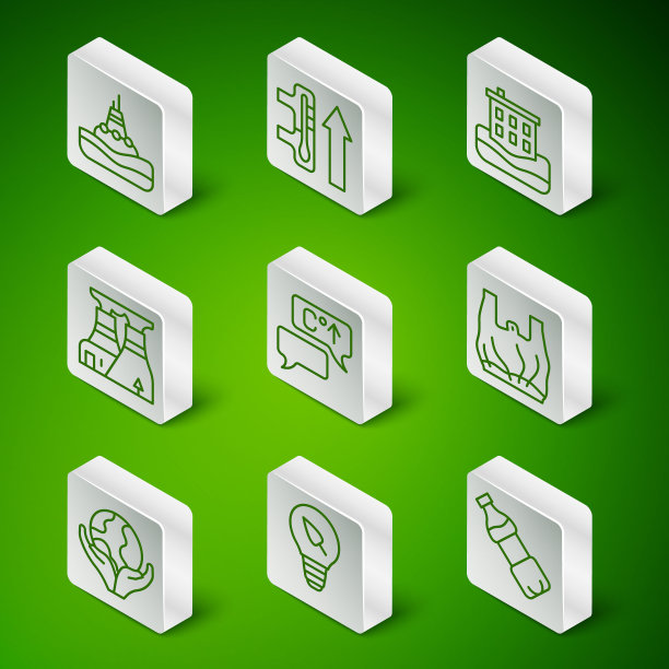 瓶装水，带叶子的灯泡，海上浮筒，全球变暖，核电站，手握地球仪和对塑料袋说不的海报图标。向量图片下载