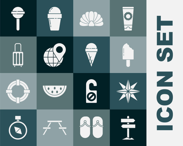 设置道路交通路标、风玫瑰、冰淇淋、扇贝、全球位置、行李箱、棒棒糖和华夫筒图标。向量图片下载