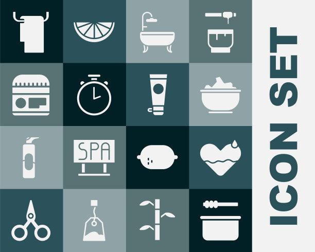 设置桑拿桶和勺子，心脏治疗，海盐碗，浴缸，秒表，奶油或乳液化妆品管，毛巾衣架和图标。向量图片下载