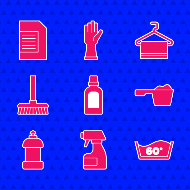 设置清洗剂瓶，清洗喷雾瓶，温度洗涤，洗衣粉，把手扫帚，毛巾挂在衣架上和洗衣粉图标。向量图片下载