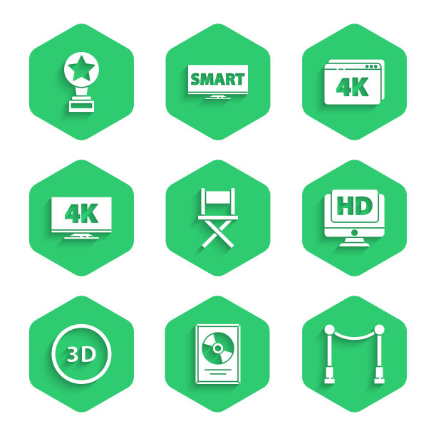 设置导演电影椅，CD光盘奖，障碍地毯，显示器高清视频，3D字，屏幕电视4k，在线播放和电影奖杯图标。向量图片下载
