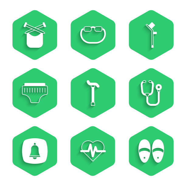 设置手杖，心率，拖鞋，听诊器，紧急电话，成人尿布，拐杖或拐杖和编织图标。向量图片下载