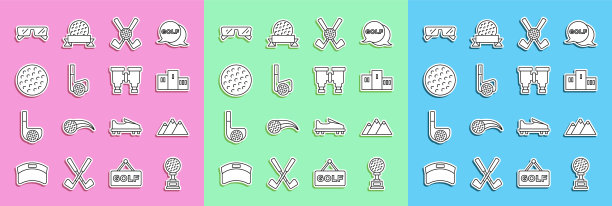 设置线奖杯与高尔夫，山脉，在体育冠军领奖台，交叉俱乐部球，高尔夫，眼镜和望远镜图标。向量图片下载