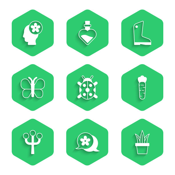 设置瓢虫，花，盆栽植物，胡萝卜，花树枝，蝴蝶，橡胶手套和人的头与花图标里面。向量图片下载