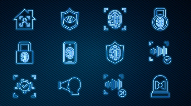 设置线动传感器，语音识别，指纹，指纹扫描，锁，智能家居脸id，盾和盾眼图标。向量图片下载
