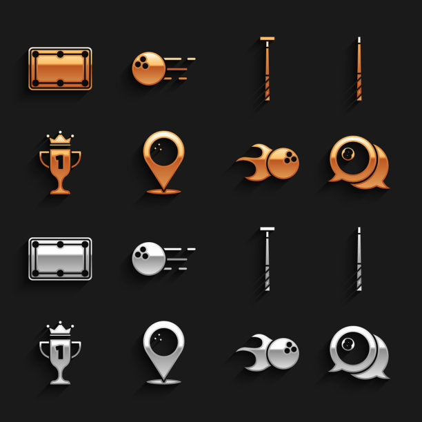 设置位置与保龄球，台球杆，保龄球，奖杯，桌子和图标。向量图片下载