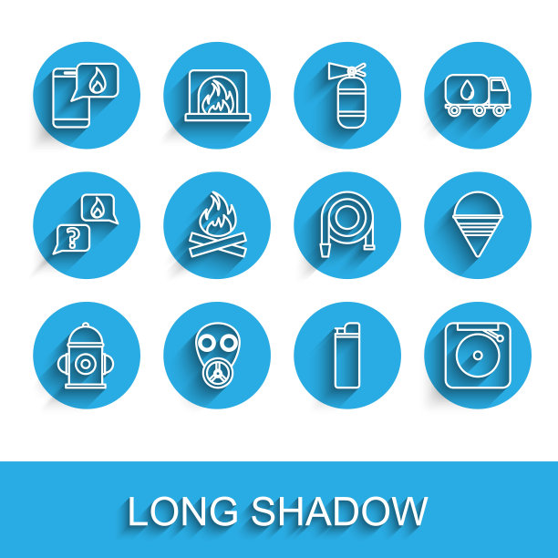 设置消火栓、防毒面具、报警电话911、打火机、警铃、营火、锥形桶和软管卷轴图标。向量图片下载