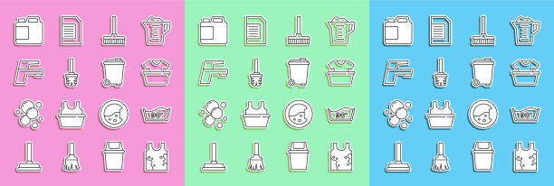 设置线脏t恤，温度洗，盆与，把手扫帚，厕所刷，水龙头，瓶清洁剂和垃圾桶图标。向量图片下载