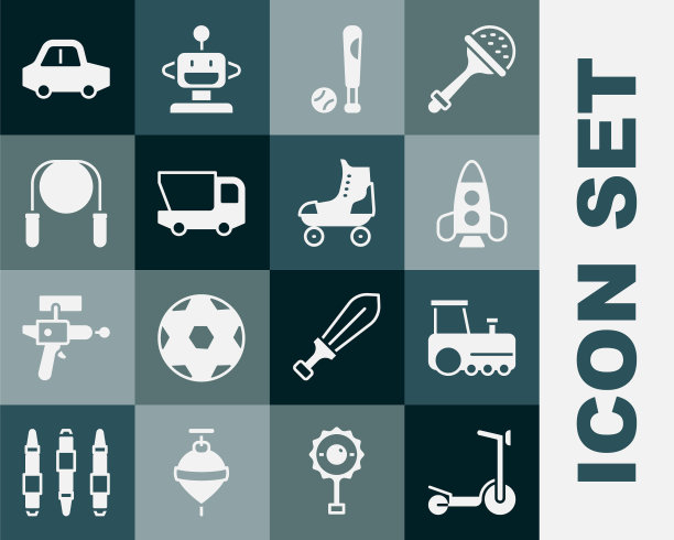 设置滑板车，玩具火车，火箭船玩具，棒球球棒，卡车，跳绳，汽车和滑冰图标。向量图片下载