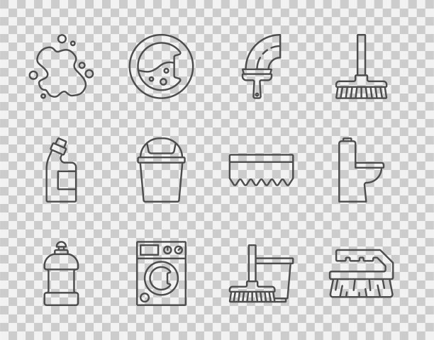 设置清洗剂瓶，刷子，橡胶清洁窗，洗衣机，水溢出，垃圾桶，拖把和水桶和马桶图标。向量图片下载